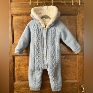 Cozy Blue Knit Hooded Baby Bunting Onesie with Fleece lining (size 90 but 6-12m)